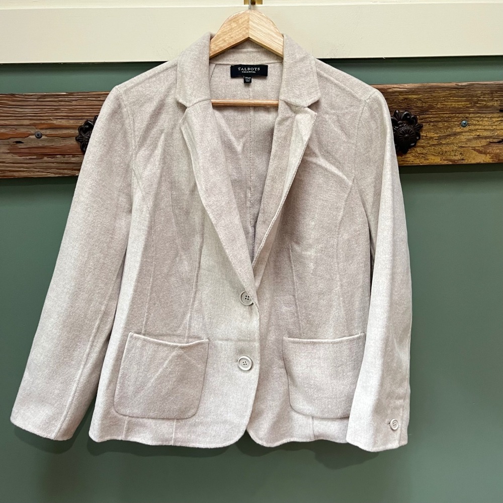 Talbots Woman Petites Wool Blend Blazer Jacket Oatmeal Beige 14WP 2-Button Coat